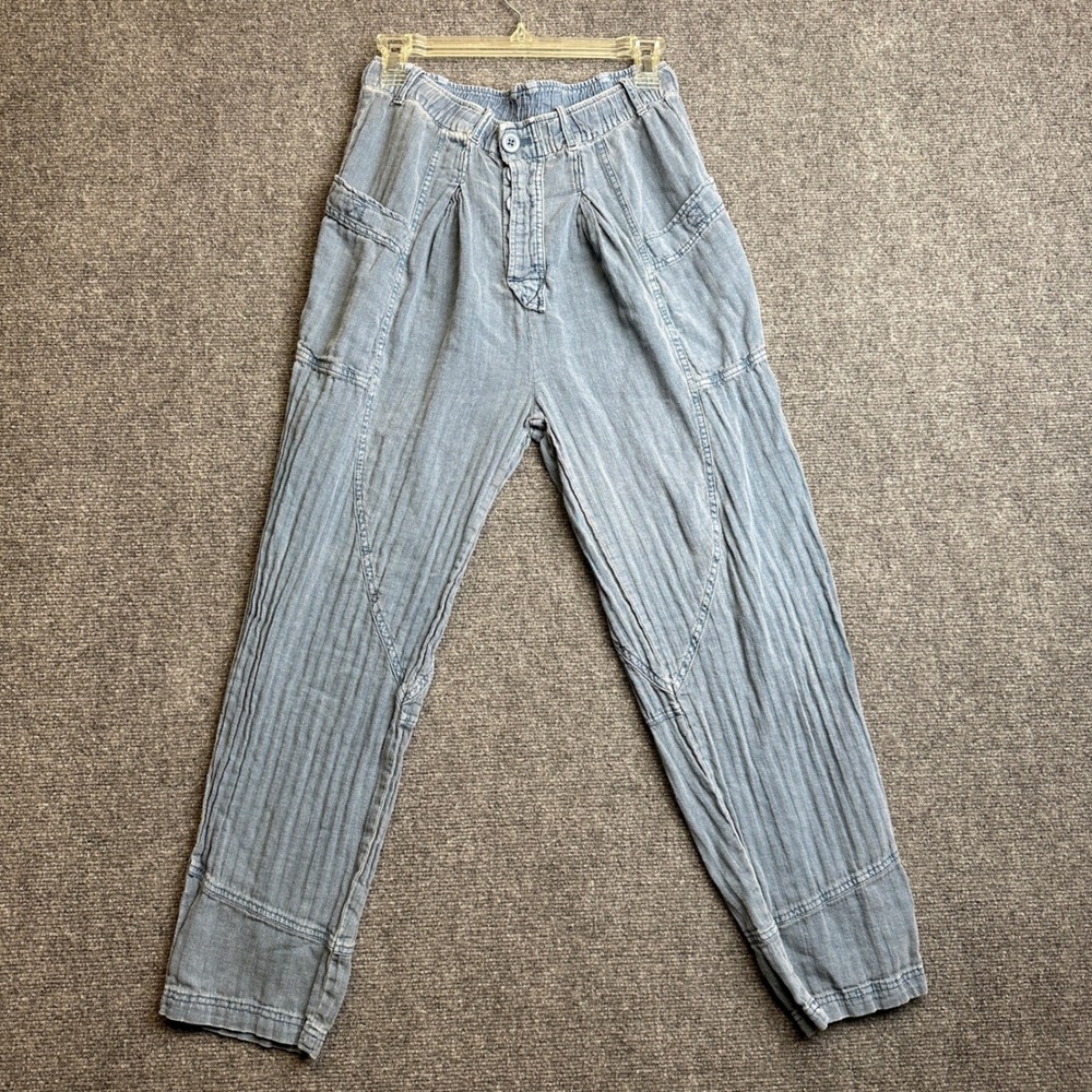 Free People Casual‎ Linen Blend Jogger Pants Womens XS Blue Boho Textured